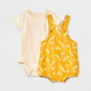 Brand New Cat & Jack Baby Boys' Gauze Shortalls Top & Bottom Set - Gold, 12M.